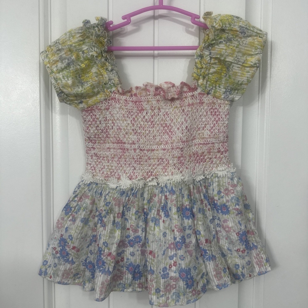LoveShackFancy Girls Toddler Smocked Floral Puff Sleeve Cotton Top 2T- 3T